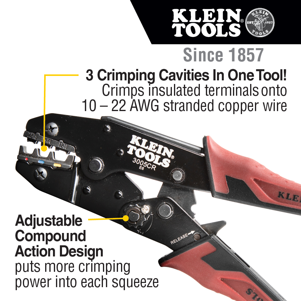 Klein Tools 10-22 AWG Insulated Terminals Ratcheting Crimper from Columbia Safety